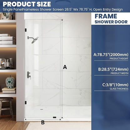 Bathroom Shower Glass Door 28.5" W×78.75" H, 3/8"(10mm) Thick Clear Tempered Glass Panel with Clamps, Fixed Frameless Waterproof Shower Door, Matte Black