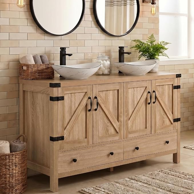 48 inch Natural Color Bathroom Vanity, Rustic Fixture Standing Pedestal Cabinet with Two White Ceramic Boat Sinks