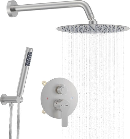12-Inch Brushed Nickel Shower System: Ultimate High-Pressure Experience with Rainfall & Handheld Heads, Wall-Mounted Mixer, Rough-In Valve, & Trim Kit