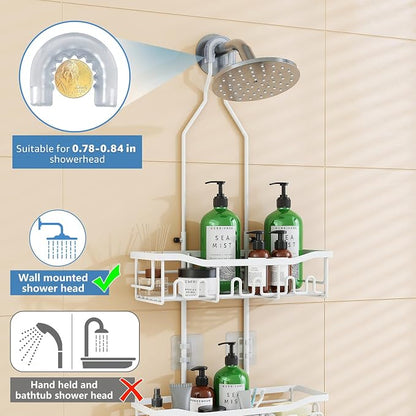 Upgraded Extended Length Shower Organizer with Hooks, Rustproof Shampoo Soap Holder, Large Hanging Bathroom Caddy, White