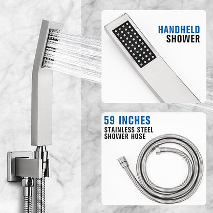 10 Inch Rainfall Shower System with Tub Spout - Wall Mounted Complete Combo with Solid Brass Pressure Balancing Valve, High Pressure Shower Head, Handle Set & Installation Accessories Brushed Nickel