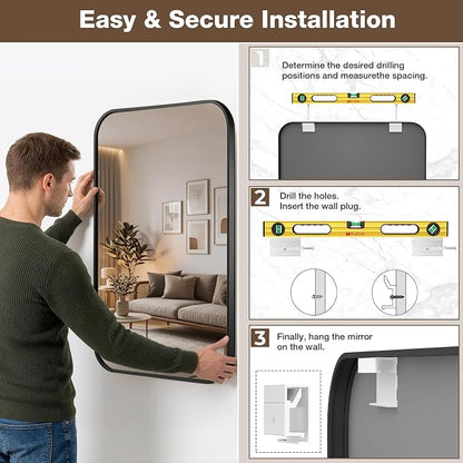 24"x30" Matte Black Rectangle Vanity Bathroom Mirror, Set of 2 | Aluminum Alloy Frame, Clear Reflection, Rust-Resistant, Vertical or Horizontal, Wall Mount, Bedroom and Entryway