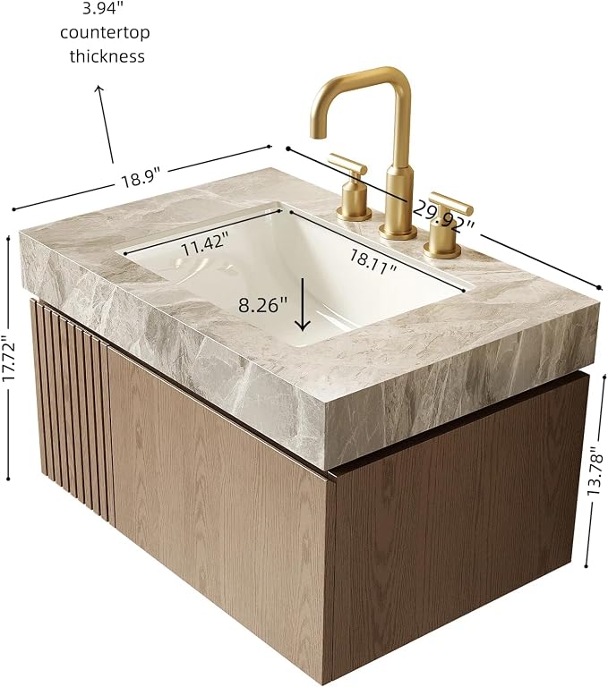 KEIKI 30 Inch Floating Bathroom Vanity with Sink, Light Brown & Grey | Modern Wall Mounted Storage Cabinet w/ Drawer & Door, Pre-assembled Wood Panels, Sintered Stone Top & Ceramic Basin Combo Set