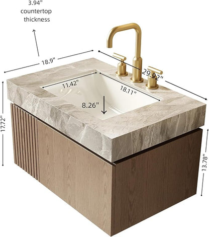 KEIKI 30 Inch Floating Bathroom Vanity with Sink, Light Brown & Grey | Modern Wall Mounted Storage Cabinet w/ Drawer & Door, Pre-assembled Wood Panels, Sintered Stone Top & Ceramic Basin Combo Set