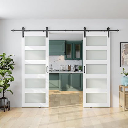 SMARTSTANDARD Double 32×84 Glass Barn Door with Sliding Hardware Kit | Pre-Drilled Ready to Assemble, Waterproof PVC Coating, 5-Panel Glass, White