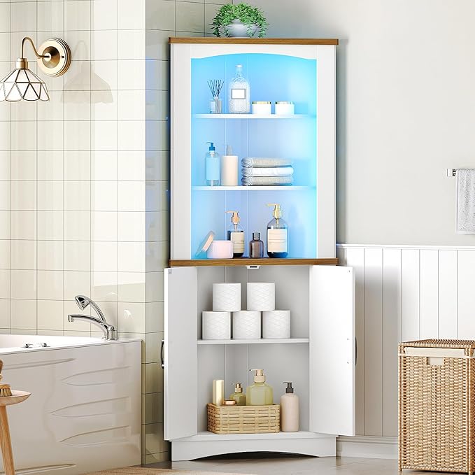 HOOBRO Corner Cabinet with LED Lights, 67" Tall Farmhouse Corner Storage Cabinet with Doors and Storage Shelves, 5-Tier Corner Bathroom Cabinet, for Living Room, Kitchen, White and Walnut WH74DCJ01