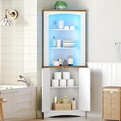 HOOBRO Corner Cabinet with LED Lights, 67" Tall Farmhouse Corner Storage Cabinet with Doors and Storage Shelves, 5-Tier Corner Bathroom Cabinet, for Living Room, Kitchen, White and Walnut WH74DCJ01