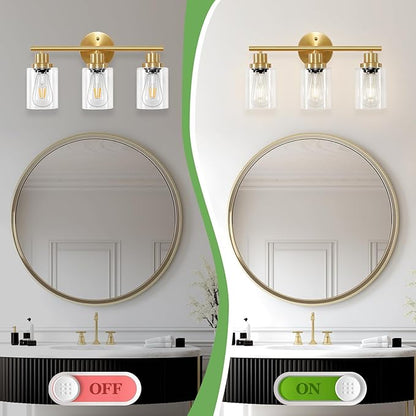 3-Light Brushed Gold Vanity Lights, E26 Modern Bathroom Light Fixtures with Clear Glass Shade, Wall Lamps for Mirror Kitchen Hallway Cabinet Living Room Sconces Lights