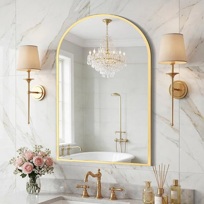 Sweetcrispy 20"x30" Arched Bathroom Mirror, Bathroom Mirrors for Over Sink | Modern Wall Mirrors Arch Decorative for Entryway, Bedroom, Vanity,Horizontal or Vertical Hanging, Gold