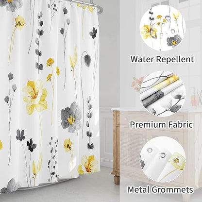 Yellow Beige Watercolor Floral Fabric Shower Curtain, 48x72 | Waterproof Fabric, Modern Minimalist Floral Print, Machine Washable, Rustproof Grommets, for Bathroom Home, Stall