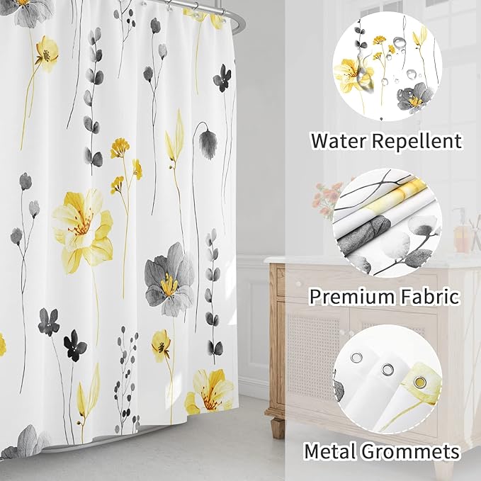 Yellow Beige Watercolor Floral Fabric Shower Curtain, 54x78 | Waterproof Fabric, Modern Minimalist Floral Print, Machine Washable, Rustproof Grommets, for Bathroom Home, Stall