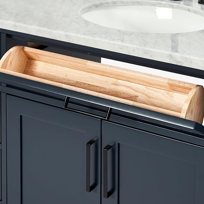 ARIEL Hepburn 66-inch Bathroom Vanity with Sink,Solid Wood, 0.75-inch Italian Carrara Marble Countertop, Double Oval Porcelain Sink, 4 Soft Closing Doors, 6 Dovetail Drawers, Midnight Blue