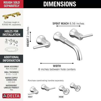 Delta Trinsic Wall Mount Bathroom Faucet 3 Hole, Chrome Bathroom Sink Faucet for Wall, Chrome T3554LF-LHP-WL (Valve and Handles Not Included)