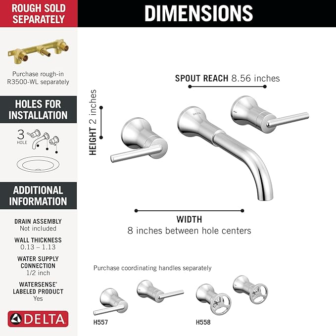 Delta Trinsic Wall Mount Bathroom Faucet 3 Hole, Chrome Bathroom Sink Faucet for Wall, Chrome T3554LF-LHP-WL (Valve and Handles Not Included)