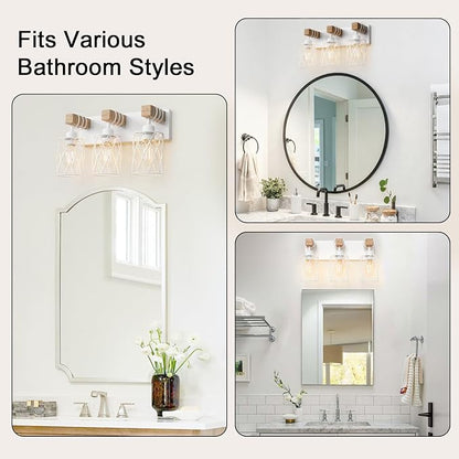 IZORRO Farmhouse Bathroom Vanity Light, 3-Light Wood Bathroom Light Fixtures Over Mirror, Matte White Industrial Vanity Lights with Metal Shade, Rustic Restroom Lighting Fixtures
