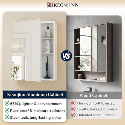 Keonjinn 48x26 Inch White Bathroom Medicine Cabinets Mirror, Tempered Glass | Assembly Required, Lightweight Aluminum Frame, Adjustable Shelves, Surface Mount or Recessed, HD Tempered Glass, Soft Close
