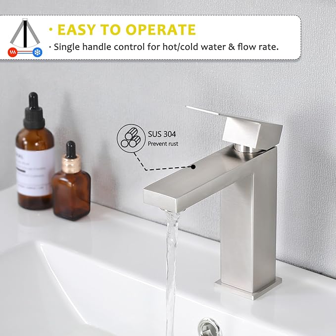 SHACO Single Hole Brushed Nickel Bathroom Faucet, Single Handle Vanity Sink Faucet with Pop Up Drain and Supply Line, SC-YZLT002