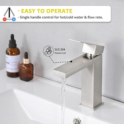SHACO Single Hole Brushed Nickel Bathroom Faucet, Single Handle Vanity Sink Faucet with Pop Up Drain and Supply Line, SC-YZLT002