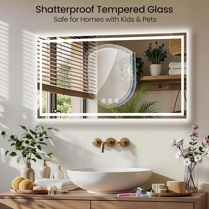 48x36 LED Bathroom Mirror with Anti-Fog, Backlit & Front Lit, Memory | Stepless Dimmable 3 Color CRI 95+ Shatterproof Tempered Glass ETL Listed for Safety Lighted Bathroom Vanity Mirror for Wall