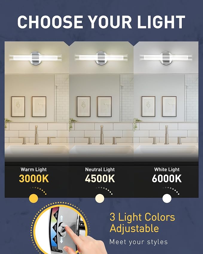 kudos 2-Pack Brushed Nickel Vanity Lights, Clear and Frosted Glass, 3CCT | 11W,1100 Lumens, 3000K, 4500K and 6000K Selectable, Hardwired, for Bathroom, Bedroom and Over Mirror, KDVL06-BN-2-2PK
