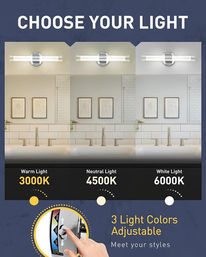 kudos 2-Pack Brushed Nickel Vanity Lights, Clear and Frosted Glass, 3CCT | 11W,1100 Lumens, 3000K, 4500K and 6000K Selectable, Hardwired, for Bathroom, Bedroom and Over Mirror, KDVL06-BN-2-2PK