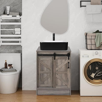 24" Farmhouse Bathroom Vanity with Sink, Bathroom Storage Cabinet with Sliding Barn Doors & Metal Handle, Freestanding Vanity with Black and White Ceramic Rectangle Sink Combo Set