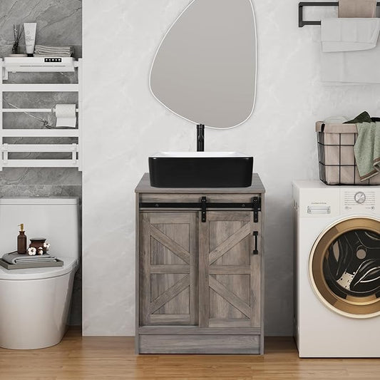 24" Farmhouse Bathroom Vanity with Sink, Bathroom Storage Cabinet with Sliding Barn Doors & Metal Handle, Freestanding Vanity with Black and White Ceramic Rectangle Sink Combo Set
