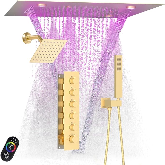Enga Luxury Dual Shower Head System LED Thermostatic Shower System with 6 inch Wall Shower, 20-Inch 3 Function Shower Head (Rainfall & Mist & Waterfall), Brushed Gold