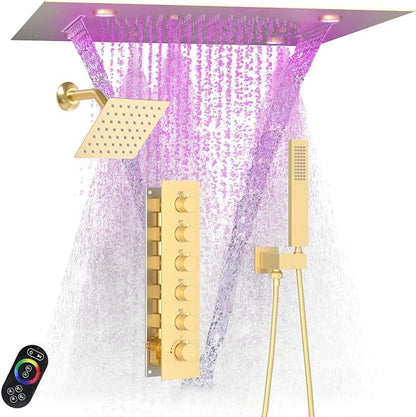 Enga Luxury Dual Shower Head System LED Thermostatic Shower System with 6 inch Wall Shower, 20-Inch 3 Function Shower Head (Rainfall & Mist & Waterfall), Brushed Gold