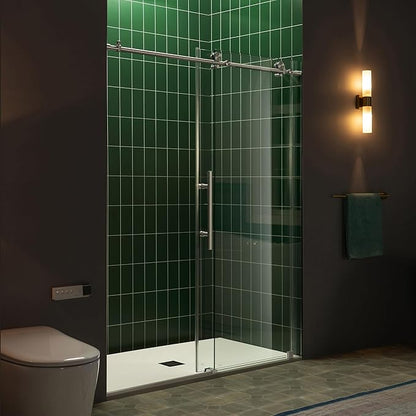 Woodbridge 57.5-60" W x 80" H Frameless Single Sliding Soft-Close Shower Door with Tempered Glass & Explosion Proof Film in Brushed Nickel Finish