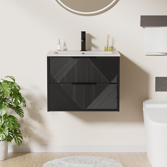 LUCKWIND 24" Floating Bathroom Vanity with Sink Combo, Wall Mounted Floating Cabinet with 2 Large Soft-Close Drawers & Water Saving Faucet, Geometric Textured Design in Black