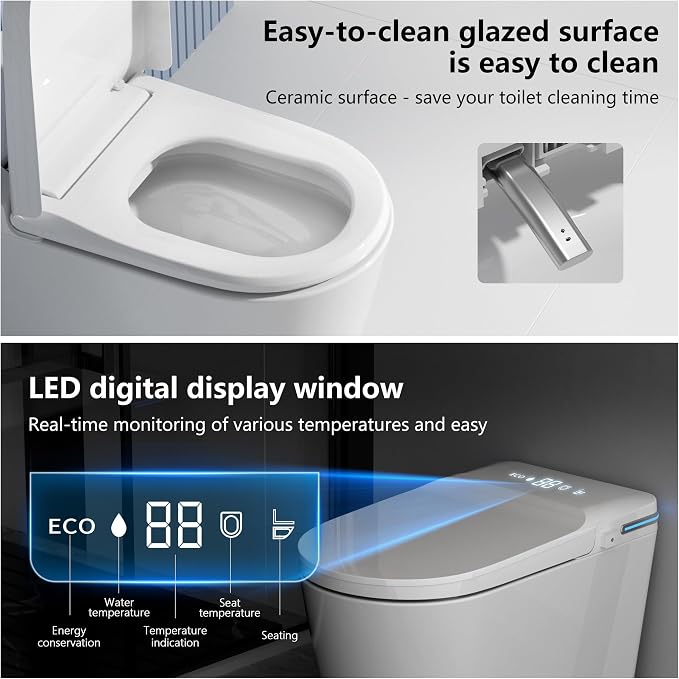 TDH Smart Toilet,One Piece Bidet Toilet for Bathroom,Toilet with LED Display,Foot Sensor & Auto Flush,Warm Water & Dry Function, Bidet Toilet Seat Night Light