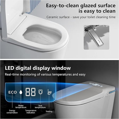 TDH Smart Toilet,One Piece Bidet Toilet for Bathroom,Toilet with LED Display,Foot Sensor & Auto Flush,Warm Water & Dry Function, Bidet Toilet Seat Night Light