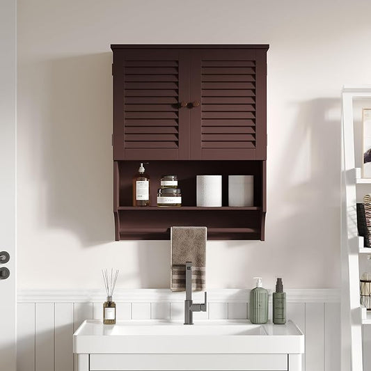 ChooChoo Bathroom Wall Cabinet with Towels Bar, 23.6" L x7.9 W x27.5 H MDF Material Medicine Cabinet, 2 Doors Over The Toilet Space Saver Storage Cabinet with Large Space, Espresso
