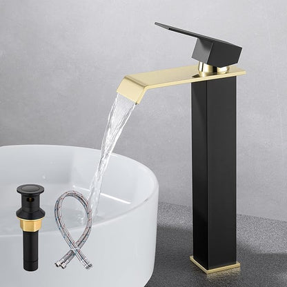 Bathroom Vessel Sink Faucet Black and Gold, Single Hole Tall Bathroom Faucet, Modern SUS304 Stainless Made, Pop-up Drain & Supply Hose Included, Home Décor Improvement