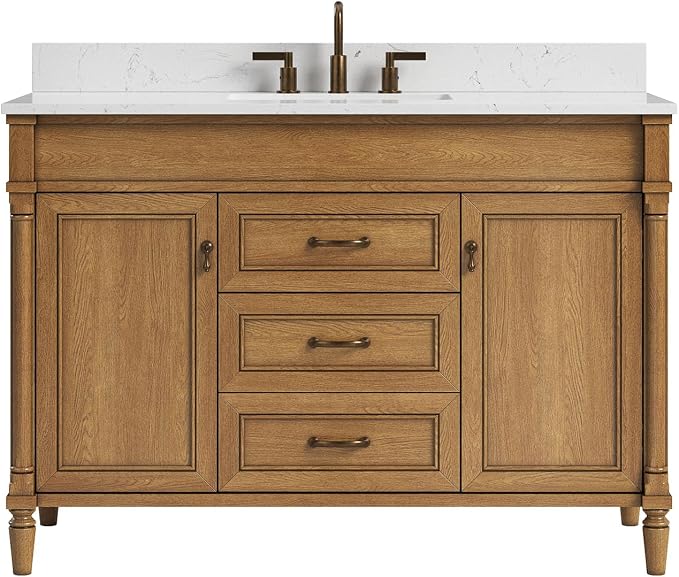 48 Inch Bathroom Vanity with Sink Combo, Classic Bathroom Cabinet with Countertop & Backsplash, Solid Wood Vanity with Soft Closing Doors & Dovetail Drawers, Ceramic Sink, Light Walnut