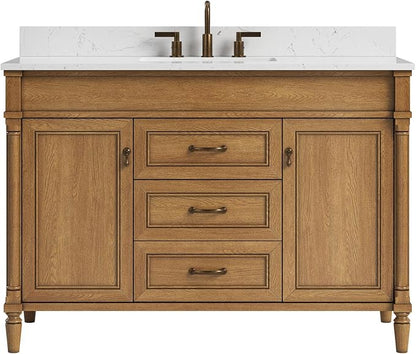48 Inch Bathroom Vanity with Sink Combo, Classic Bathroom Cabinet with Countertop & Backsplash, Solid Wood Vanity with Soft Closing Doors & Dovetail Drawers, Ceramic Sink, Light Walnut