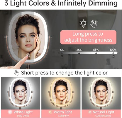 FUNTOUCH 5000mAh Rechargeable Wall Mounted Lighted Makeup Mirror, Bronze | Double Sided 30X/1X Magnifying Mirror Wall Mounted,Extended Arm 360°Rotation,Touch Dimmable,3 Color Lights for Bathroom