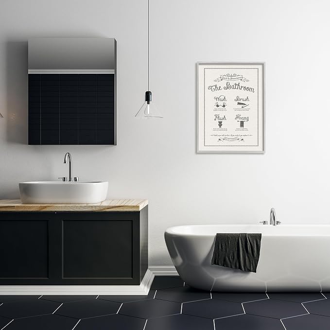 Stupell Industries 'Guide to Bathroom Procedures Linen Look', Framed Giclee Art, Gray, 24 x 30 Inches, Easy to Hang and Sturdy, Made in USA, by Lettered and Lined