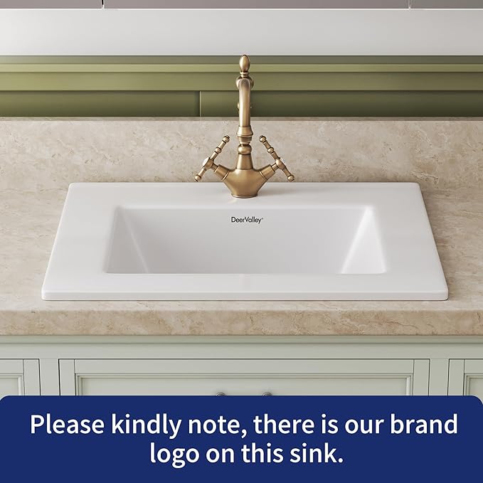 DeerValley 21"x18" Drop-In Bathroom Sink Ceramic Rectangle Vessel Sink with Overflow Vanity Bathroom Vessel Sink Bowl