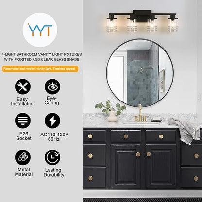 YYT 4 Light Bathroom Light Fixtures Black Vanity Lights for Bathroom Vanity Light Matte Black 4 Light with Clear Glass Shades