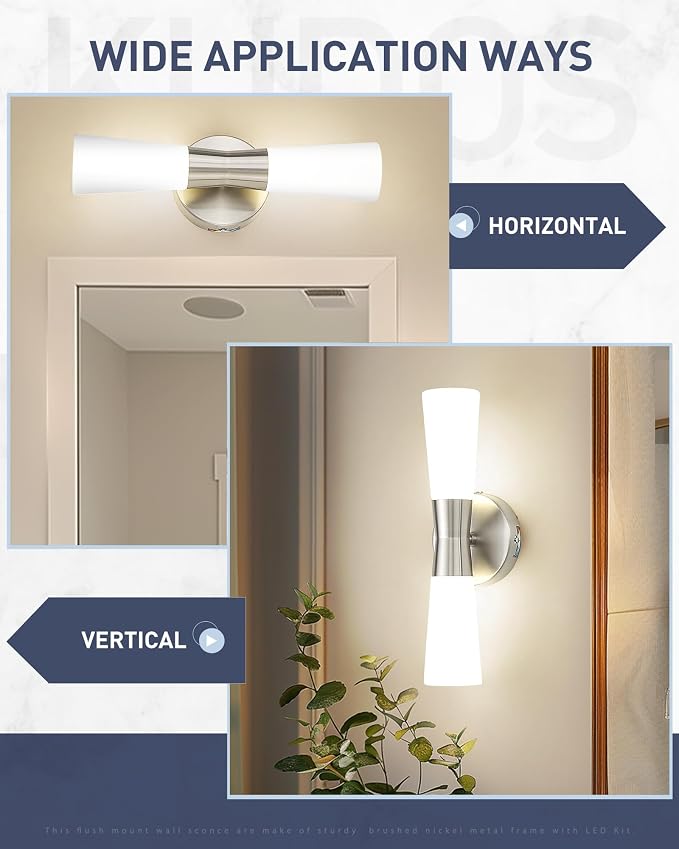 kudos 16 Inch Brushed Nickel Vanity Lights, Milk White Glass, KDVL13-BN | LED, 14W, 1100 Lumens, 3000K, 4000K and 5000K Selectable, Hardwired,for Bathrooms and Bedrooms