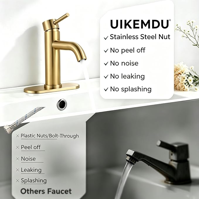 Brushed Gold Single Handle Bathroom Sink Faucet, 1/3 Hole Installation, Lead-Free Stainless Steel, Includes Pop-up Drain & Flexible Supply Lines, for Vanity, Modern Farmhouse and RV Sinks