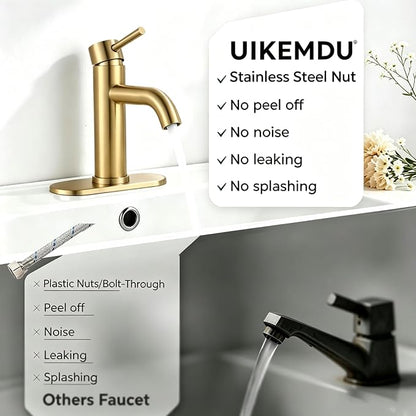 Brushed Gold Single Handle Bathroom Sink Faucet, 1/3 Hole Installation, Lead-Free Stainless Steel, Includes Pop-up Drain & Flexible Supply Lines, for Vanity, Modern Farmhouse and RV Sinks