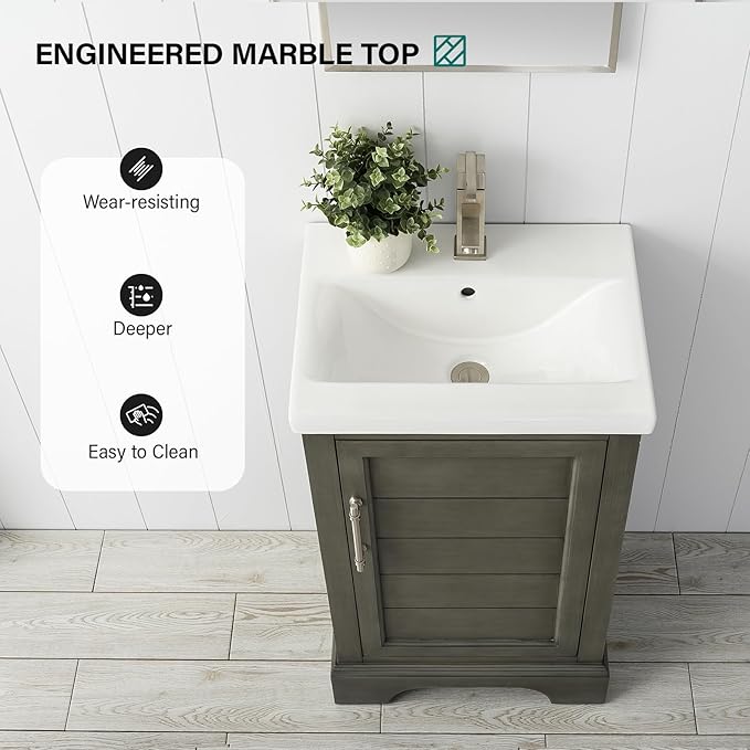 HOMEBEYOND 20 Inch Bathroom Vanity with Single Sink & Ceramic Top, Vanity Cabinet with Center Countertop Basin, Soft-Closing Doors, Sliver Grey