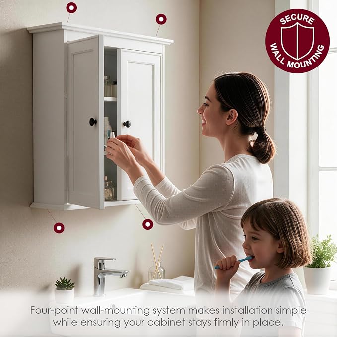 Spirich Bathroom Wall Cabinet, White Medicine Cabinet with 2 Doors | 2 Adjustable Shelves, Shaker Doors & Black Knobs, Compact Wall Storage for Bathroom, Kitchen & Laundry Room