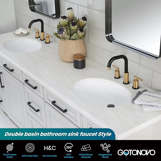 gotonovo 8 Inch Widespread Bathroom Sink Faucet 3 Hole 2 Handles Lavatory Basin with Pop Up Drain with Hot and Cold Mixer Valves Modern Black & Brushed Gold
