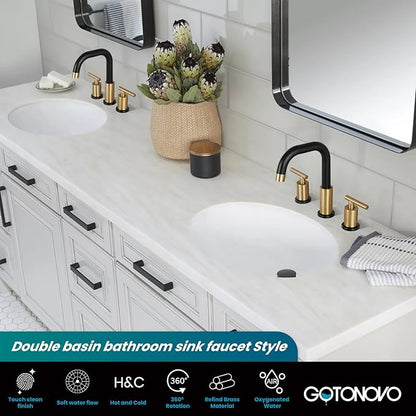 gotonovo 8 Inch Widespread Bathroom Sink Faucet 3 Hole 2 Handles Lavatory Basin with Pop Up Drain with Hot and Cold Mixer Valves Modern Black & Brushed Gold