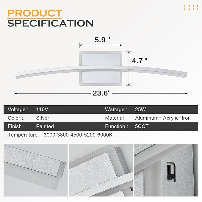 Benkut Modern LED Wall Sconce Silver Light Fixtures Over Mirror Modern Bath Wall Lighting for Bathroom, Dimmable Vanity Light for Bathroom(5CCT 23.6Inch)