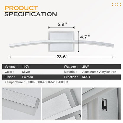 Benkut Modern LED Wall Sconce Silver Light Fixtures Over Mirror Modern Bath Wall Lighting for Bathroom, Dimmable Vanity Light for Bathroom(5CCT 23.6Inch)